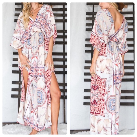 Multi Stripe Floral Print V-Neck Dolman Sleeves Maxi Dress with Side… - Picture 1 of 16